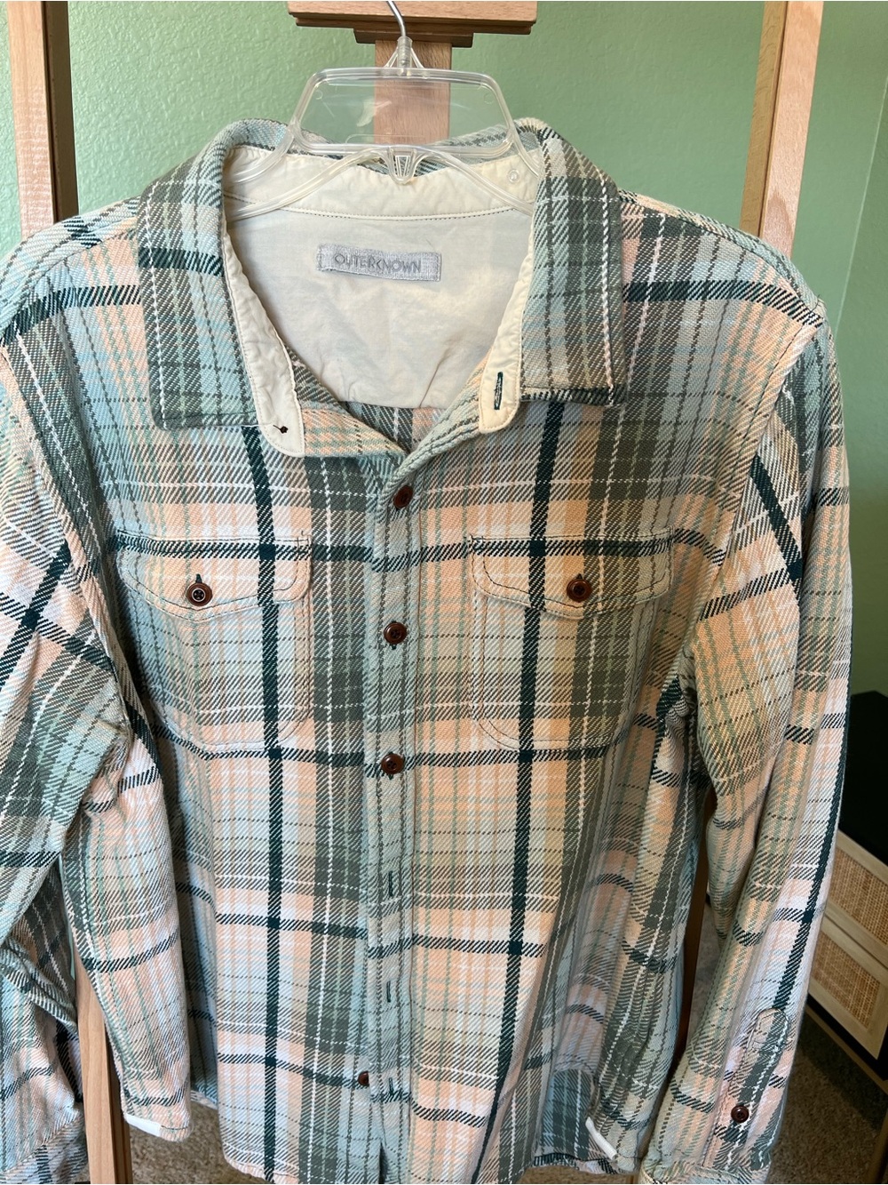 Outerknown Men's Green and Cream Plaid Button-Down Shirt